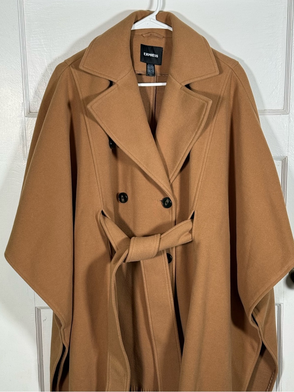 Express Camel Fringe-Bottom Belted Wool-Blend Cape Coat